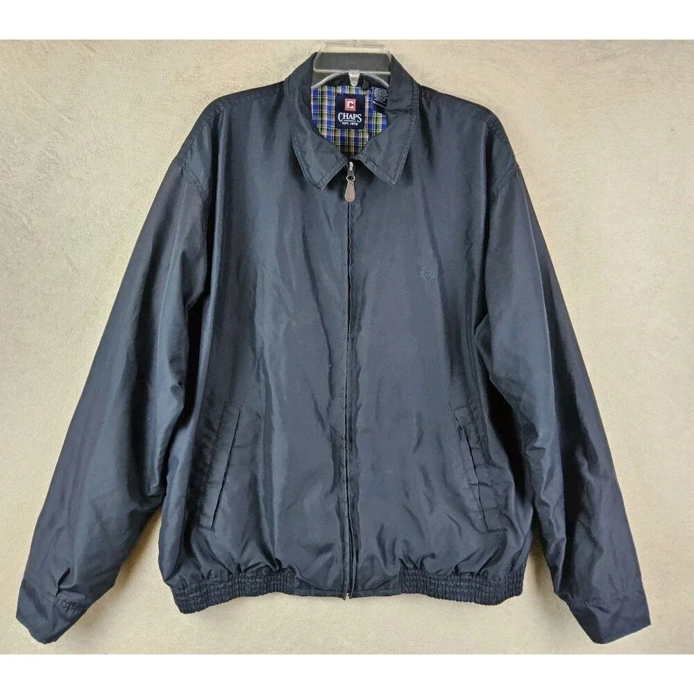 Chaps Men's Plaid Lined Full Zip Windbreaker Jacket Navy Size XL